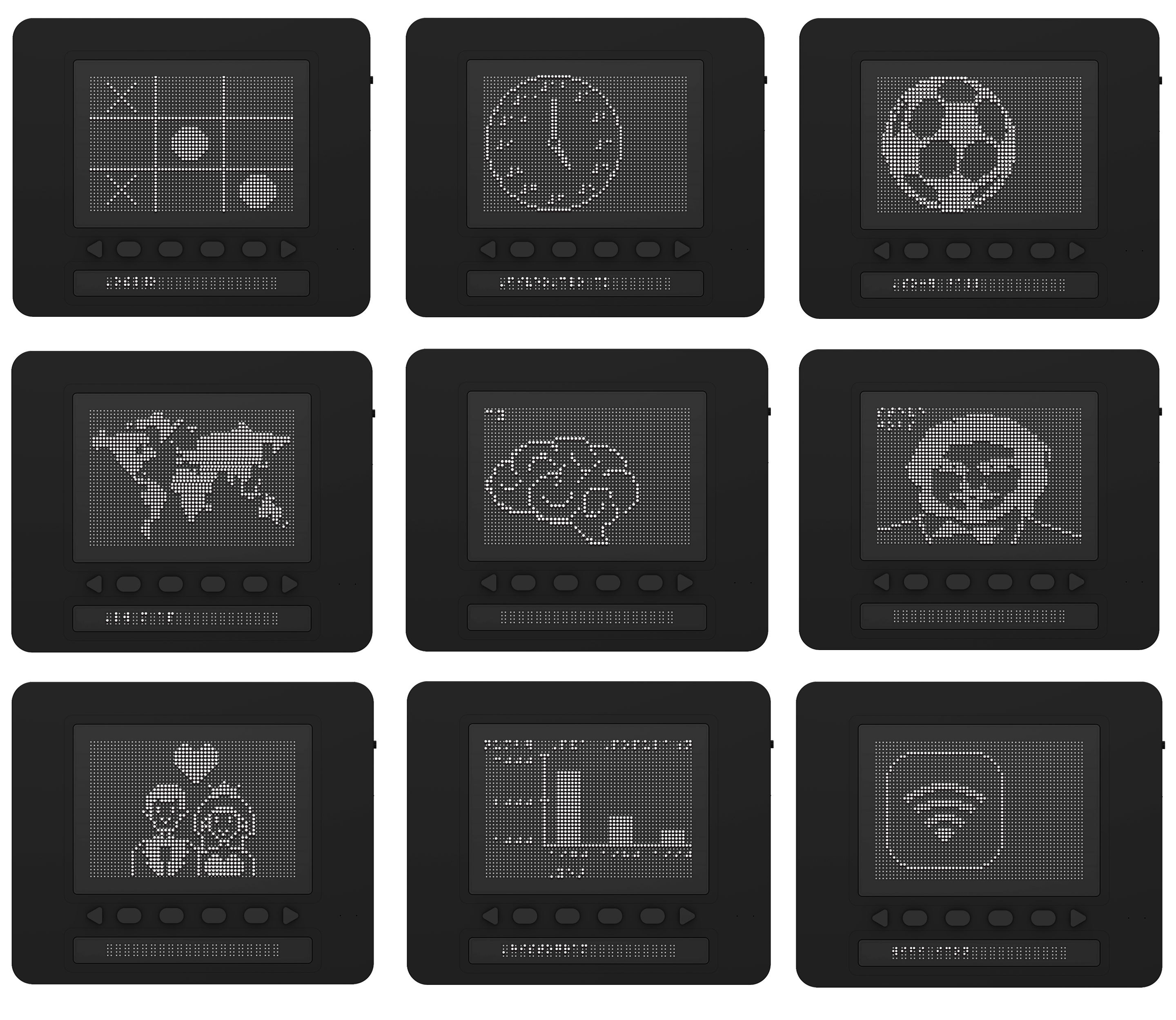 9 tiles showing screen shots of a Dot Pad with different tactile images from Dot Canvas. These include a football, wifi symbol and a map of the world