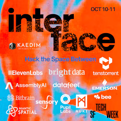 Marketing poster for Interface: hace the space within. The names of participating organisations listed against and orange and blue graffiti style background